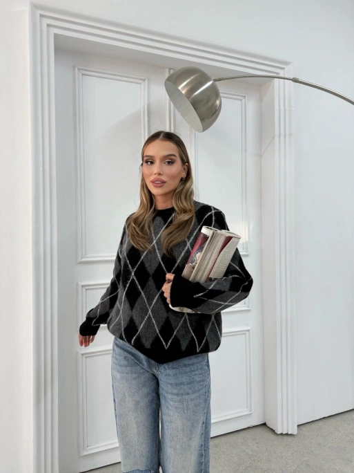 BAKLAVA DESEN BİSİKLET YAKA KAZAK SİYAH