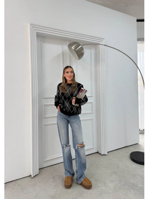 BAKLAVA DESEN BİSİKLET YAKA KAZAK SİYAH