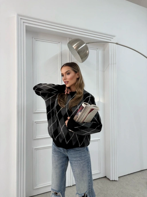 BAKLAVA DESEN BİSİKLET YAKA KAZAK SİYAH