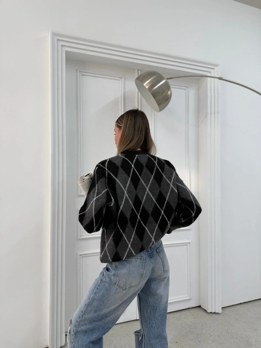 BAKLAVA DESEN BİSİKLET YAKA KAZAK SİYAH