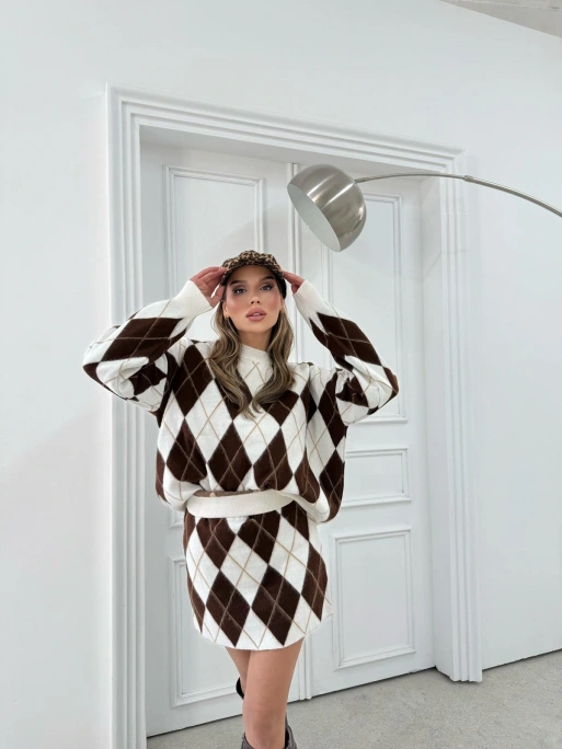 BAKLAVA DESEN KAZAK VE ETEKLİ TRİKO İKİLİ TAKIM KREM