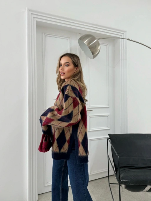 BAKLAVA DESEN KOL VE BEL YIRTMAÇLI TRİKO KAZAK KAHVE