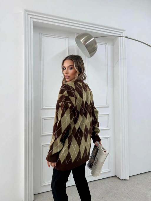 BAKLAVA DESEN OVERSİZE TRİKO HIRKA HAKİ