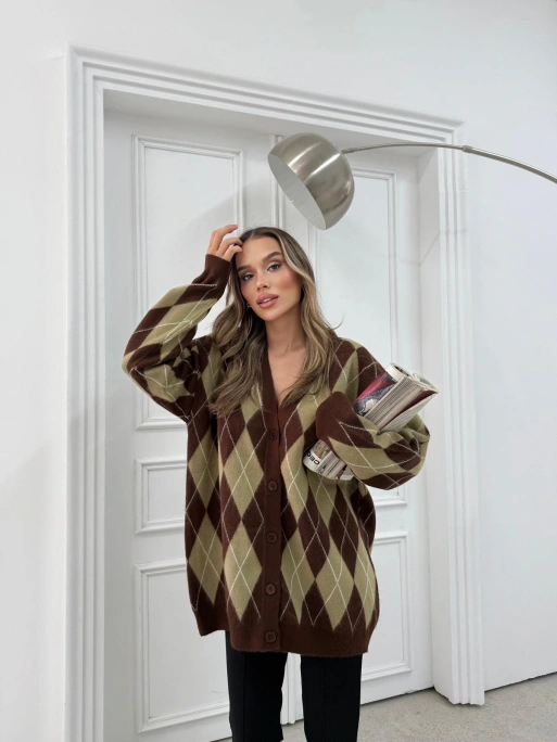 BAKLAVA DESEN OVERSİZE TRİKO HIRKA HAKİ