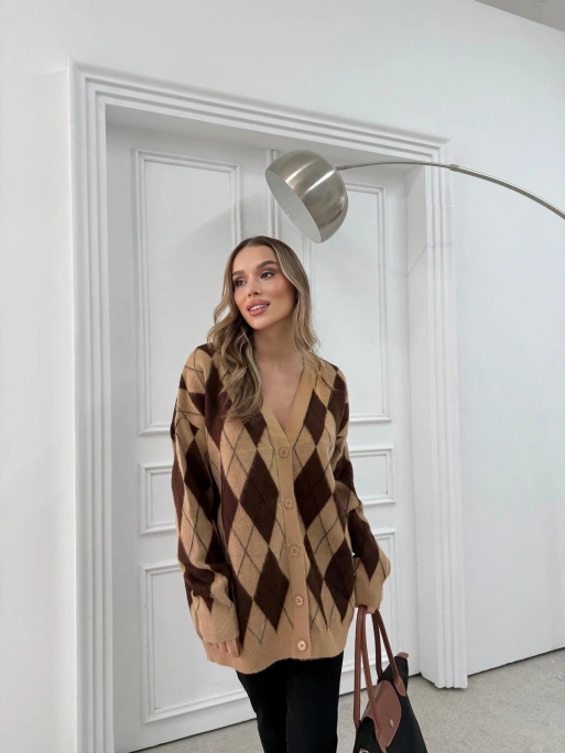 BAKLAVA DESEN OVERSİZE TRİKO HIRKA KAHVE