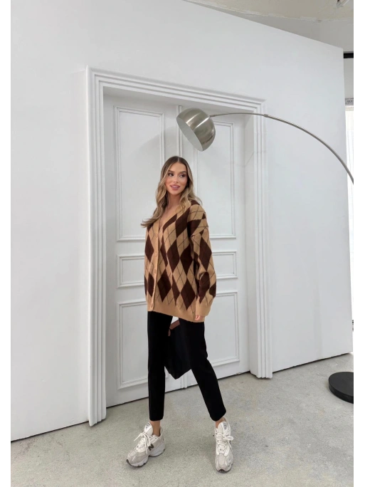 BAKLAVA DESEN OVERSİZE TRİKO HIRKA KAHVE