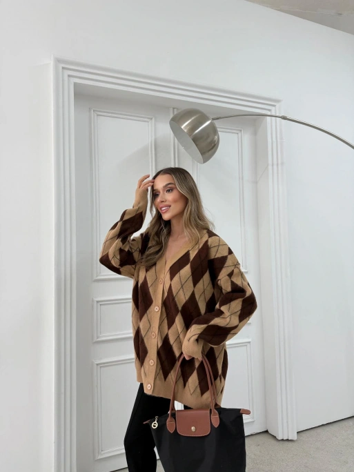 BAKLAVA DESEN OVERSİZE TRİKO HIRKA KAHVE