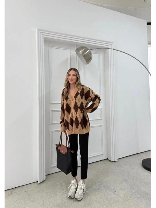 BAKLAVA DESEN OVERSİZE TRİKO HIRKA KAHVE