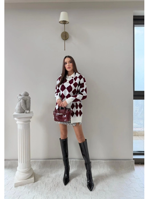 BAKLAVA DESEN POLO YAKA ATKI DETAY KAZAK BORDO