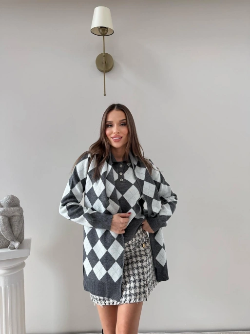 BAKLAVA DESEN POLO YAKA ATKI DETAY KAZAK GRİ