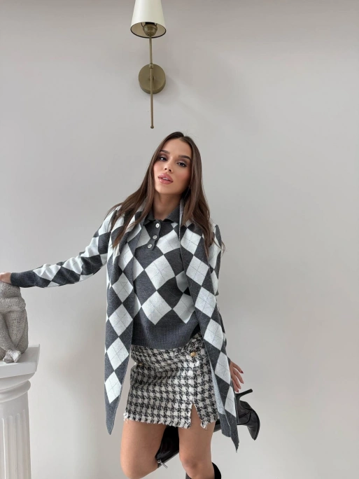 BAKLAVA DESEN POLO YAKA ATKI DETAY KAZAK GRİ