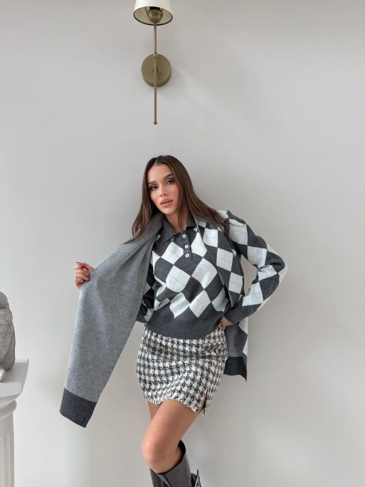 BAKLAVA DESEN POLO YAKA ATKI DETAY KAZAK GRİ