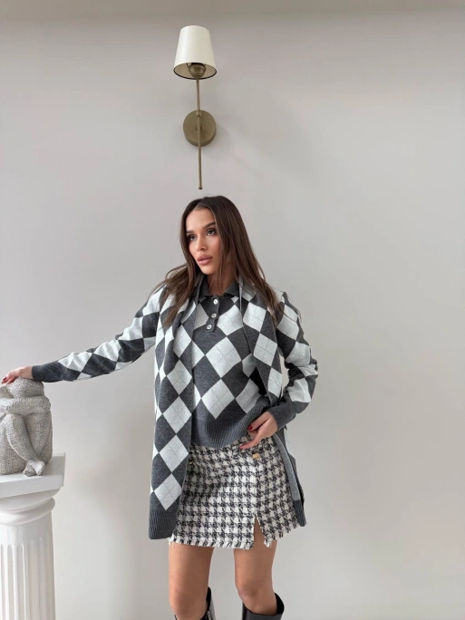 BAKLAVA DESEN POLO YAKA ATKI DETAY KAZAK GRİ