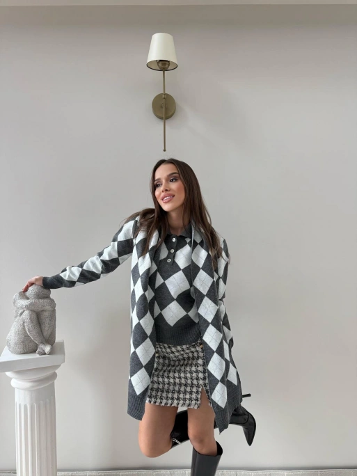 BAKLAVA DESEN POLO YAKA ATKI DETAY KAZAK GRİ