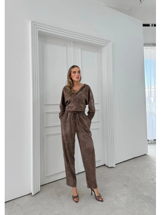 BATİK DESEN KAPÜŞONLU V YAKA BLUZ VE PANTOLONLU İKİLİ MODAL TAKIM KAHVE