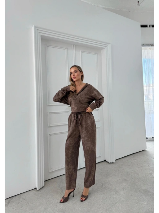 BATİK DESEN KAPÜŞONLU V YAKA BLUZ VE PANTOLONLU İKİLİ MODAL TAKIM KAHVE