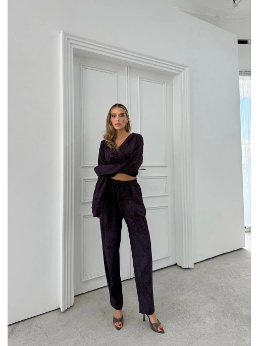 BATİK DESEN KAPÜŞONLU V YAKA BLUZ VE PANTOLONLU İKİLİ MODAL TAKIM MOR