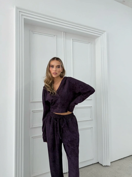 BATİK DESEN KAPÜŞONLU V YAKA BLUZ VE PANTOLONLU İKİLİ MODAL TAKIM MOR