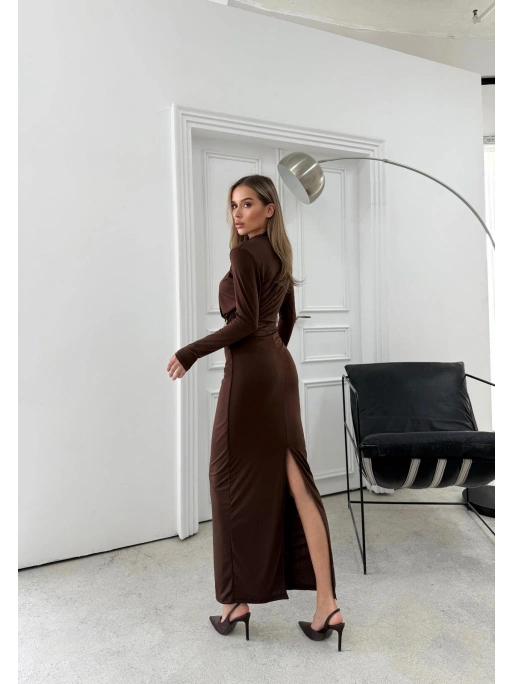 BEL AKSESUAR DETAY DRAPELİ UZUN SANDY ELBİSE ACI KAHVE