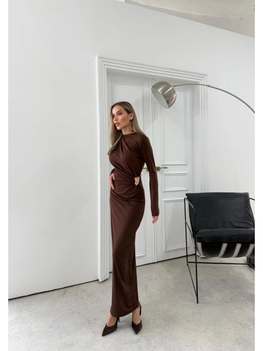 BEL AKSESUAR DETAY DRAPELİ UZUN SANDY ELBİSE ACI KAHVE