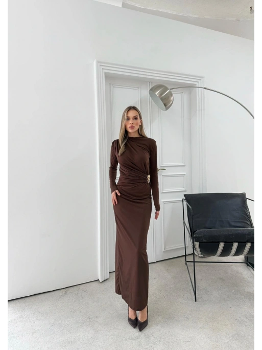 BEL AKSESUAR DETAY DRAPELİ UZUN SANDY ELBİSE ACI KAHVE