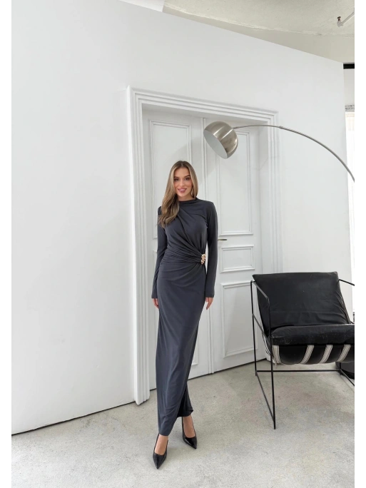 BEL AKSESUAR DETAY DRAPELİ UZUN SANDY ELBİSE ANTRASİT