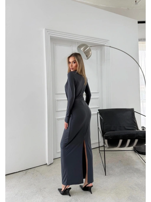 BEL AKSESUAR DETAY DRAPELİ UZUN SANDY ELBİSE ANTRASİT