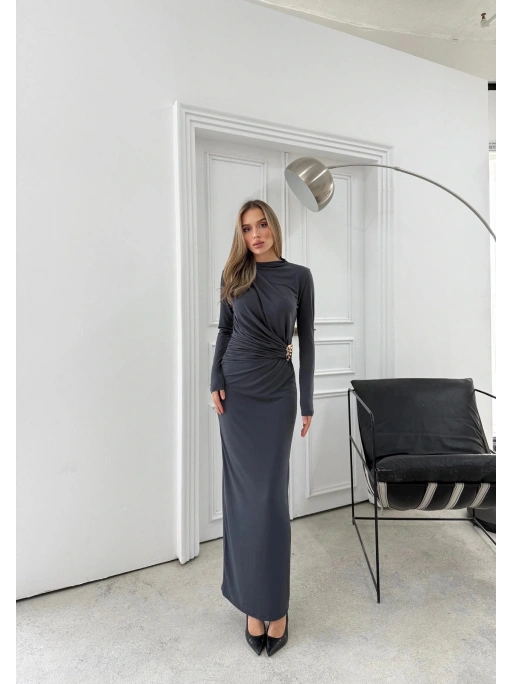 BEL AKSESUAR DETAY DRAPELİ UZUN SANDY ELBİSE ANTRASİT