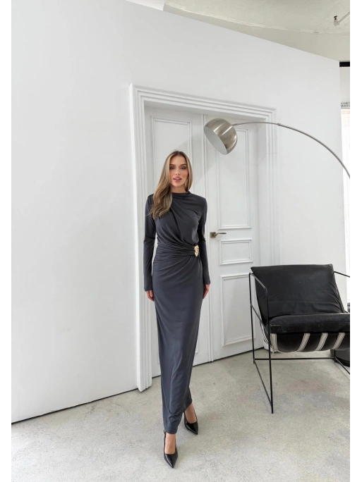 BEL AKSESUAR DETAY DRAPELİ UZUN SANDY ELBİSE ANTRASİT