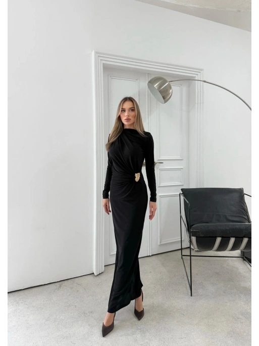 BEL AKSESUAR DETAY DRAPELİ UZUN SANDY ELBİSE SİYAH