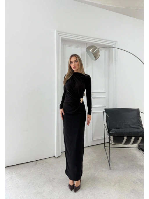 BEL AKSESUAR DETAY DRAPELİ UZUN SANDY ELBİSE SİYAH