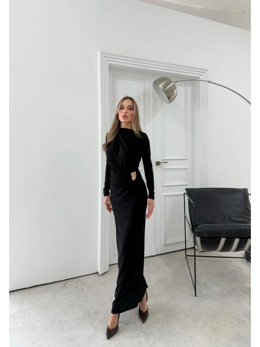 BEL AKSESUAR DETAY DRAPELİ UZUN SANDY ELBİSE SİYAH