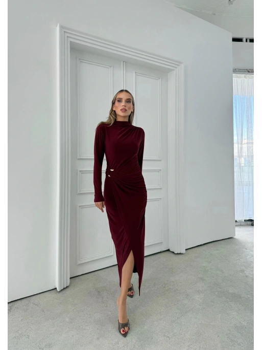 BEL AKSESUAR DETAY DRAPELİ YIRTMAÇLI UZUN SANDY ELBİSE BORDO