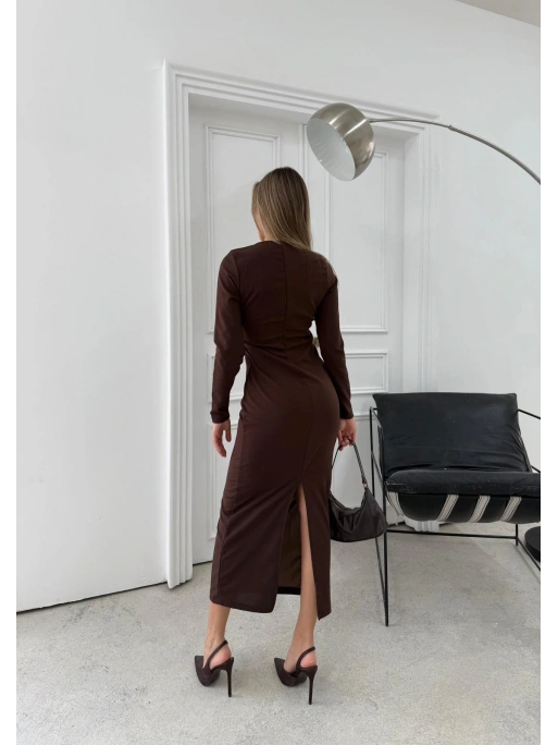 BEL AKSESUAR DETAY V YAKA UZUN ELBİSE KAHVE