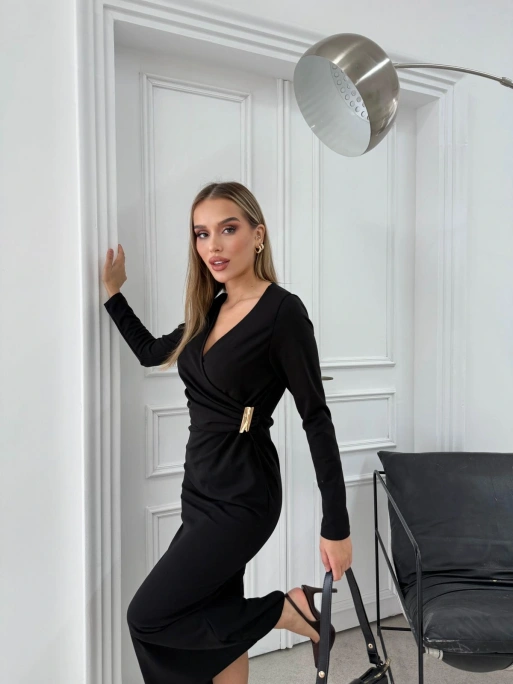 BEL AKSESUAR DETAY V YAKA UZUN ELBİSE SİYAH