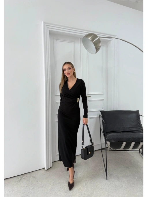 BEL AKSESUAR DETAY V YAKA UZUN ELBİSE SİYAH