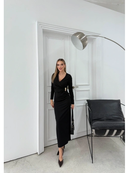 BEL AKSESUAR DETAY V YAKA UZUN ELBİSE SİYAH