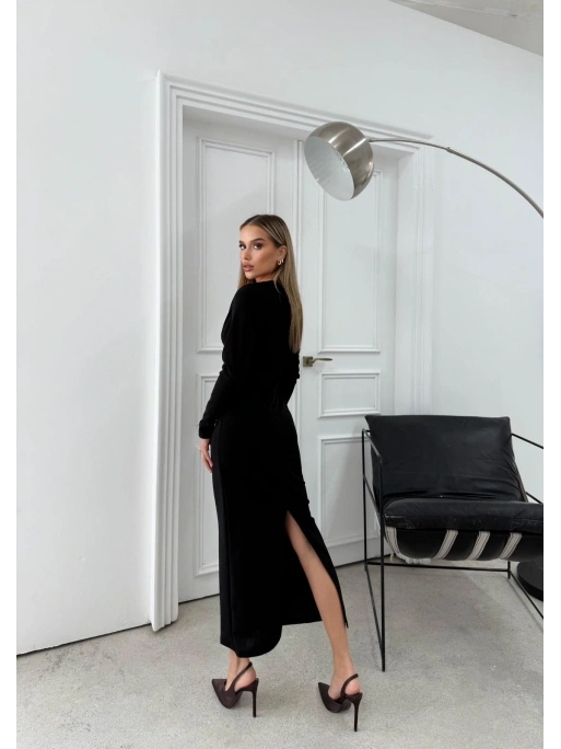 BEL AKSESUAR DETAY V YAKA UZUN ELBİSE SİYAH