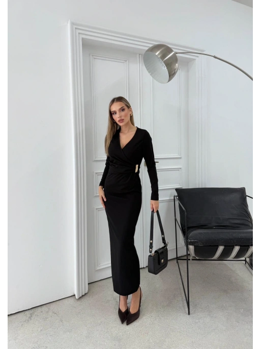 BEL AKSESUAR DETAY V YAKA UZUN ELBİSE SİYAH