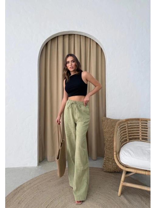 BEL BAĞCIKLI PALAZZO KETEN PANTOLON YEŞİL