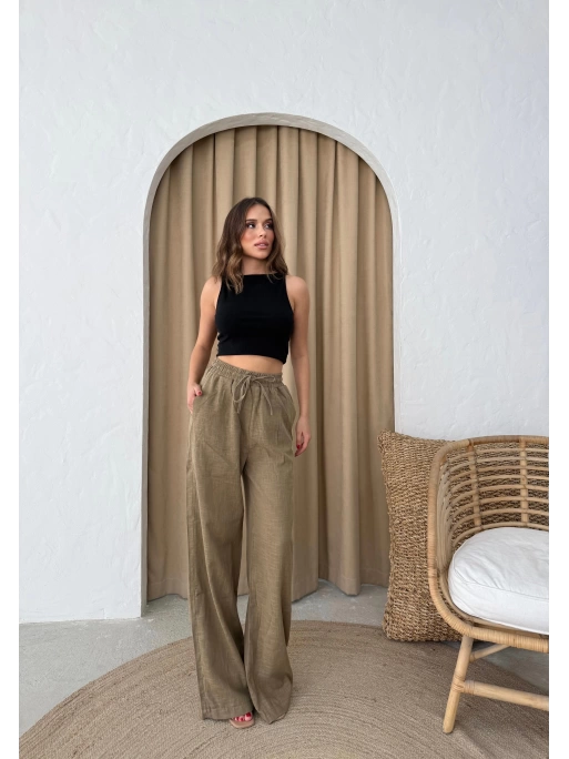 BEL BAĞCIKLI PALAZZO KETEN PANTOLON HAKİ