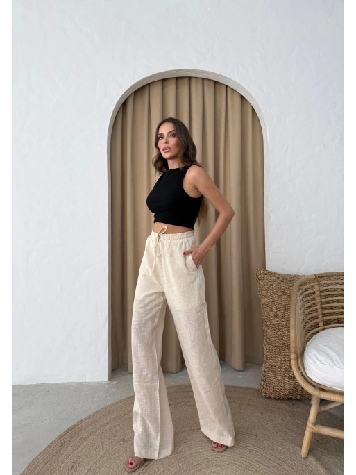 BEL BAĞCIKLI PALAZZO KETEN PANTOLON KREM