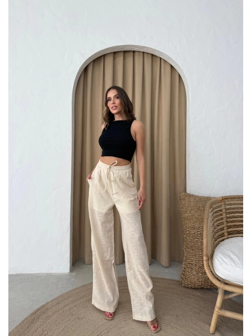 BEL BAĞCIKLI PALAZZO KETEN PANTOLON KREM