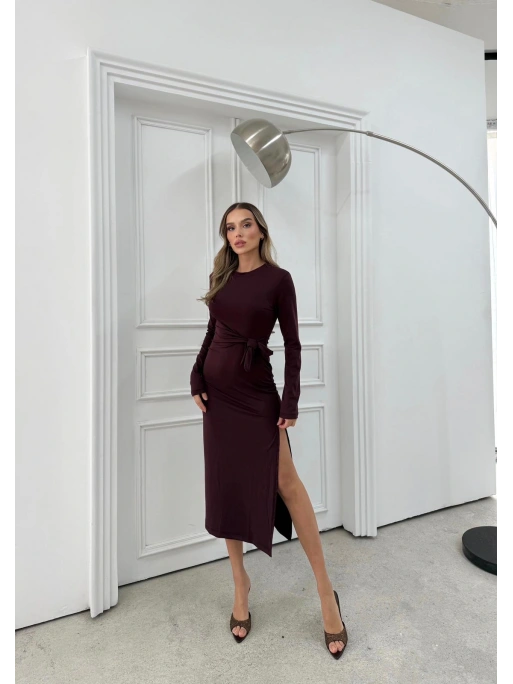 BEL BAĞLAMA DETAY YIRTMAÇLI MODAL ELBİSE MÜRDÜM