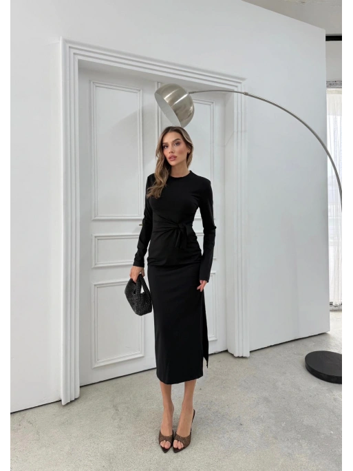 BEL BAĞLAMA DETAY YIRTMAÇLI MODAL ELBİSE SİYAH