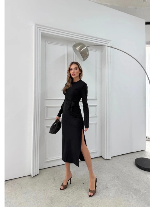 BEL BAĞLAMA DETAY YIRTMAÇLI MODAL ELBİSE SİYAH