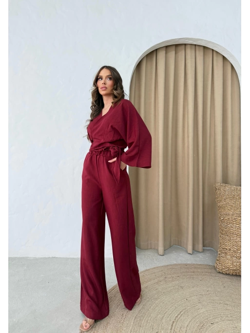 BEL BAGLAMALI BLUZ VE PANTOLONLU KETEN İKİLİ TAKIM BORDO