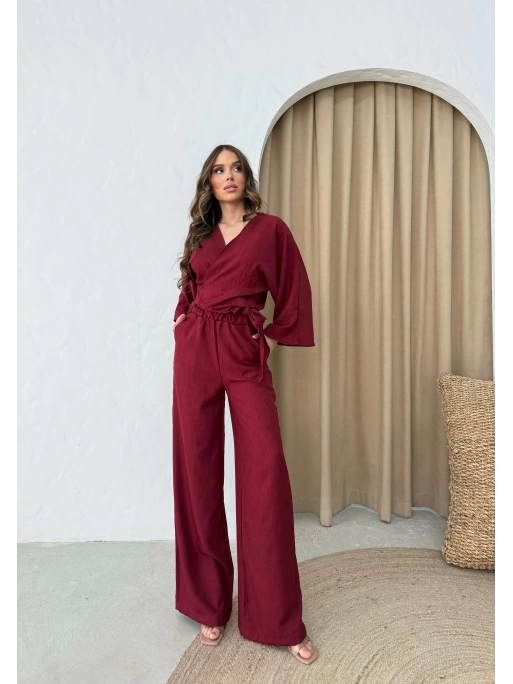 BEL BAGLAMALI BLUZ VE PANTOLONLU KETEN İKİLİ TAKIM BORDO