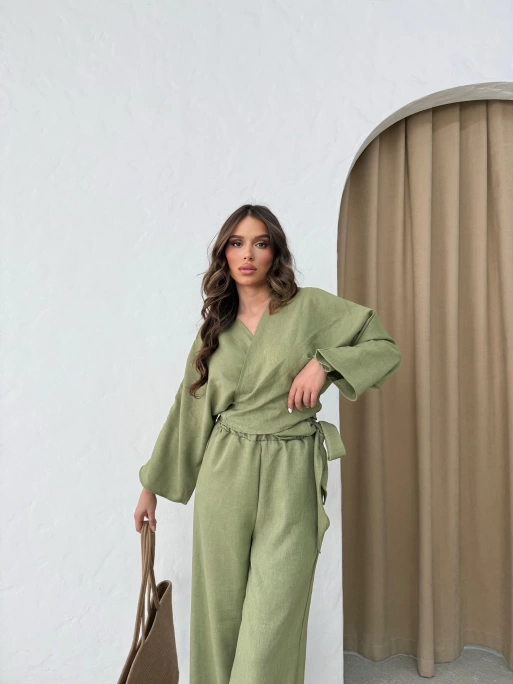BEL BAGLAMALI BLUZ VE PANTOLONLU KETEN İKİLİ TAKIM HAKİ