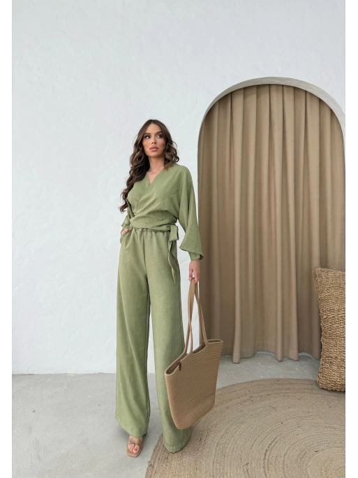 BEL BAGLAMALI BLUZ VE PANTOLONLU KETEN İKİLİ TAKIM HAKİ